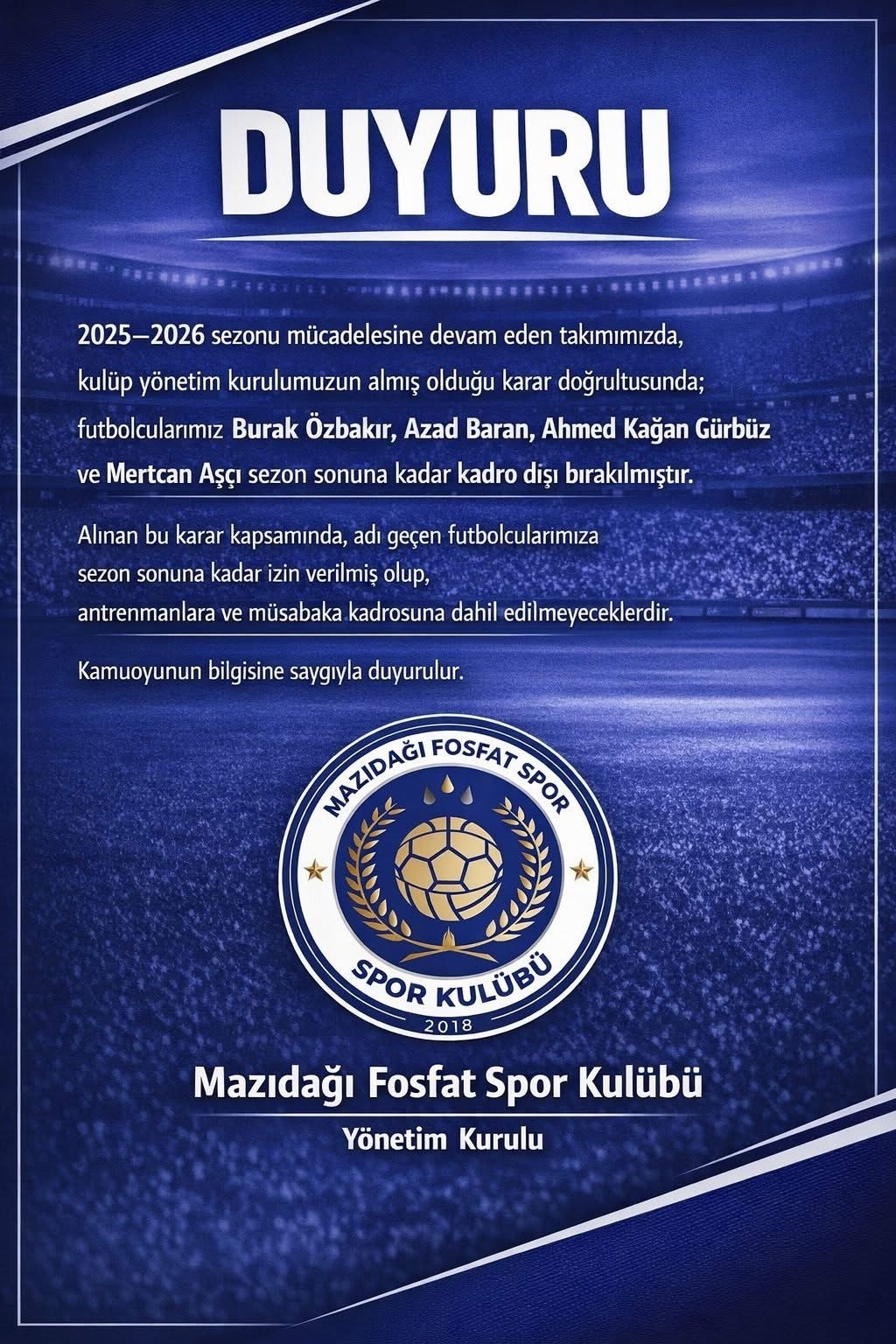 Mazıdağı Fosfatspor’da 4 futbolcu kadro dışı bırakıldı
