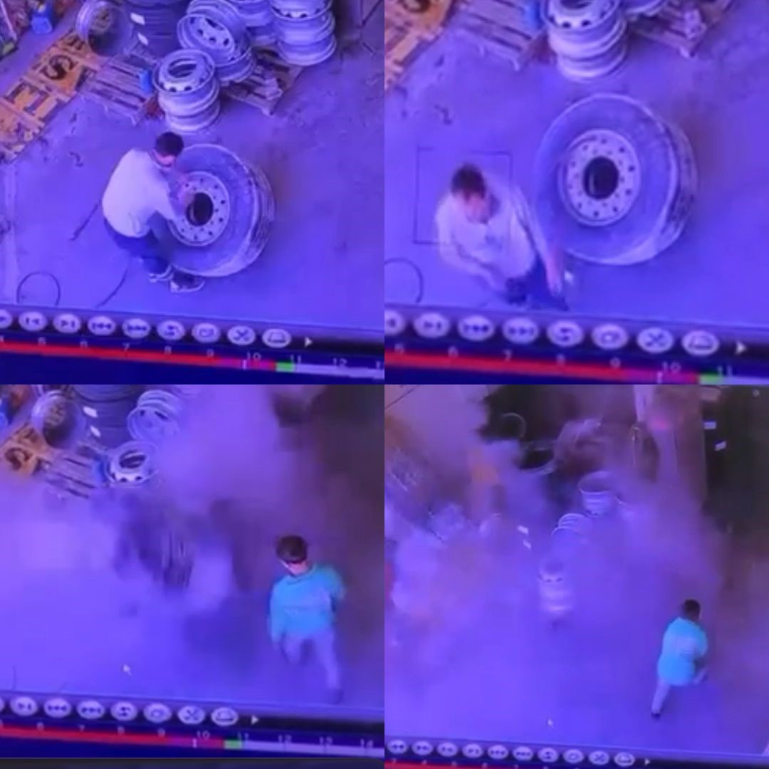 Mersin’de kamyon lastiği şişirirken patladı: O anlar kamerada
