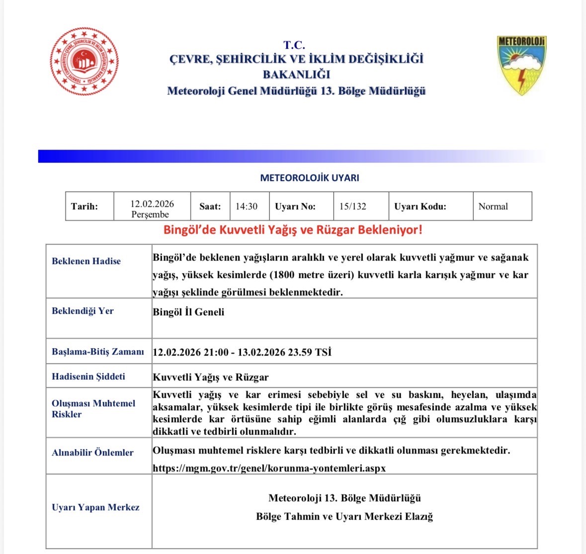 Meteorolojiden Bingöl için kuvvetli yağış uyarısı
