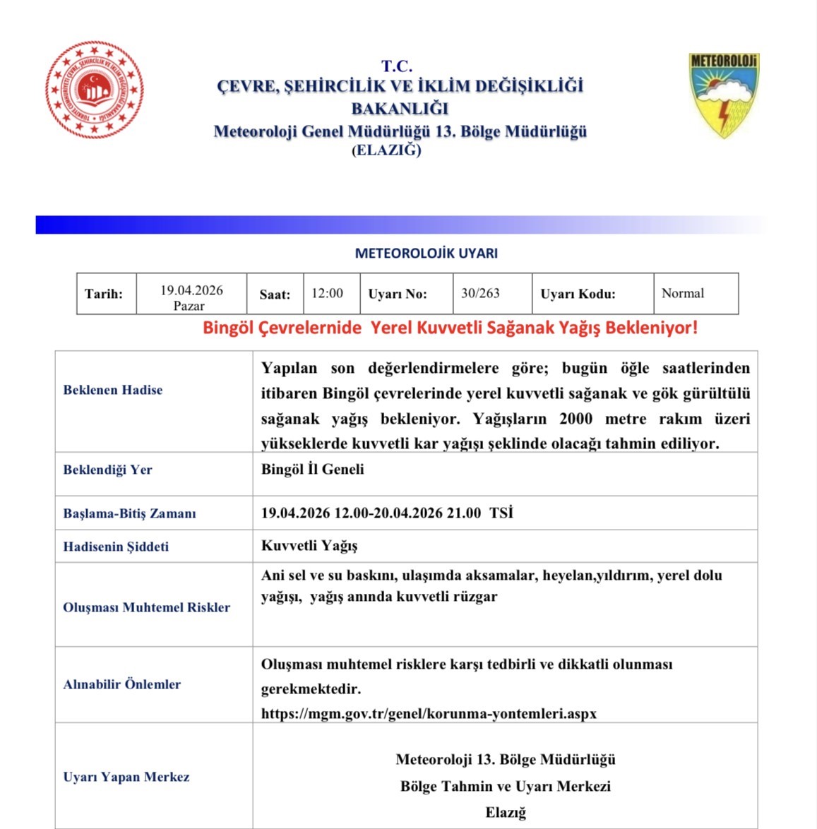Meteorolojiden Bingöl için yağış uyarısı
