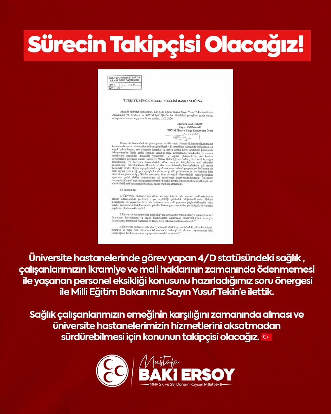 MHP’li Ersoy, üniversite hastanelerindeki mali sorunları TBMM gündemine taşıdı
