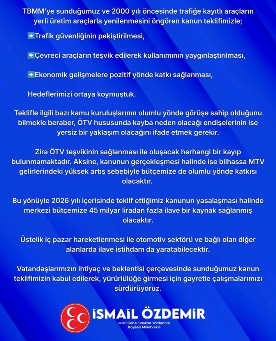 MHP’li Özdemir: "ÖTV teşviki ile ilgili çalışmalarımızı gayretle sürdürüyoruz"
