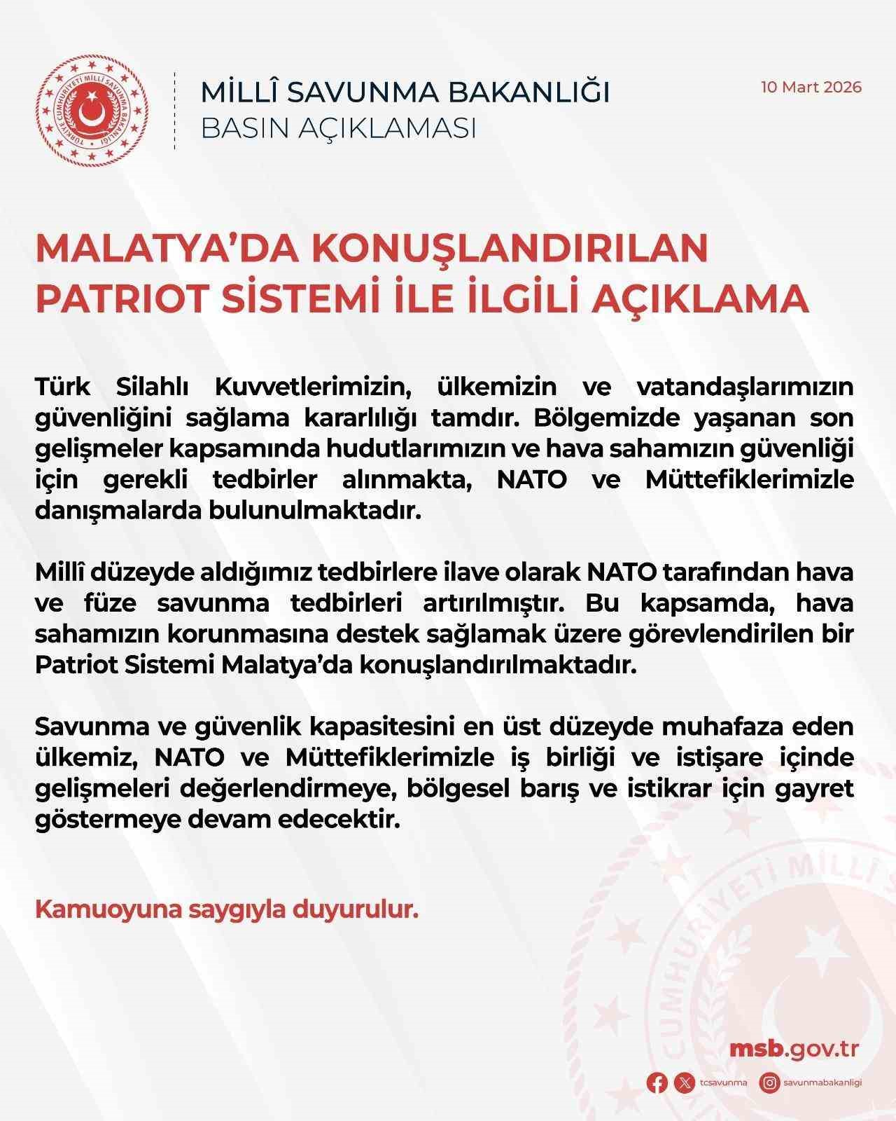 MSB: "Milli düzeyde aldığımız tedbirlere ilave olarak NATO tarafından hava ve füze savunma tedbirleri artırılmıştır"

