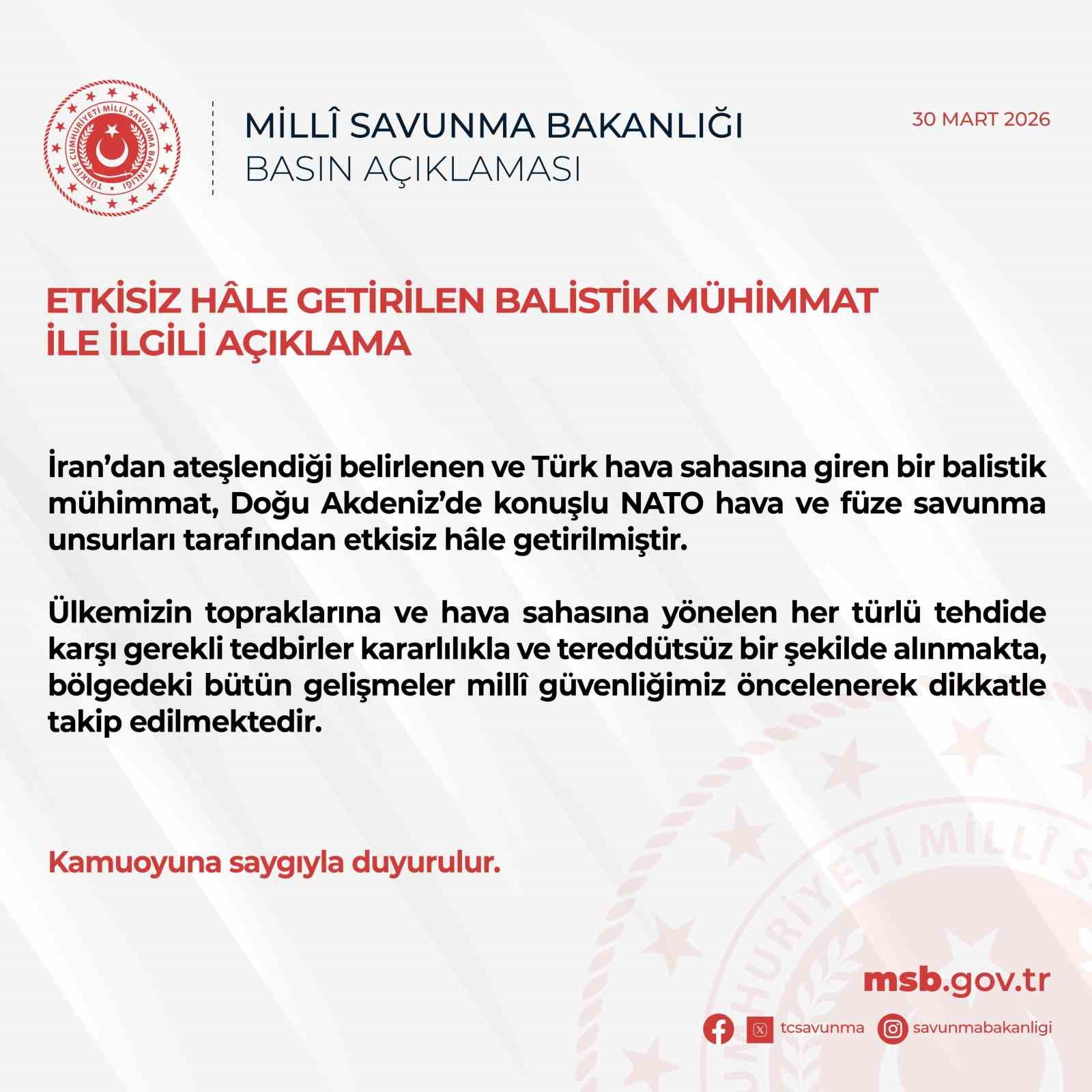 MSB: "Türk hava sahasına giren balistik füze imha edildi"

