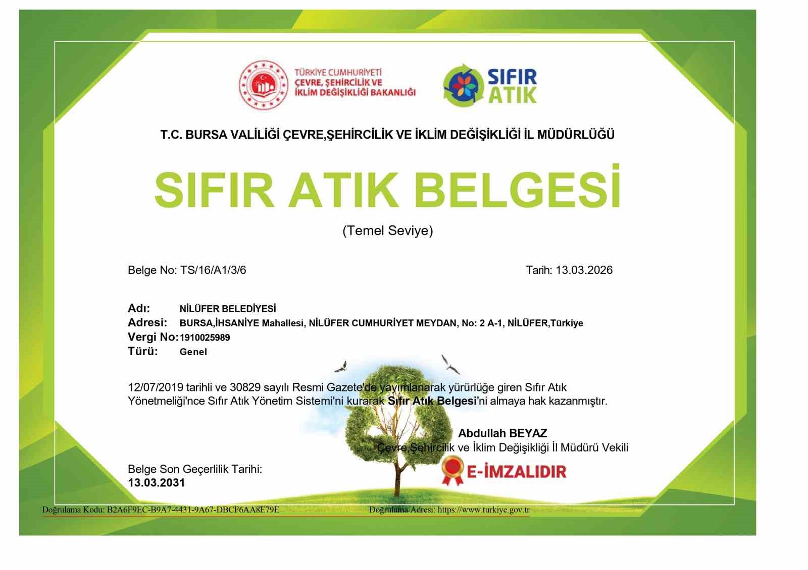 Nilüfer Belediyesi ’Sıfır Atık Belgesi’ni yeniledi
Nilüfer Belediyesi ’Sıfır Atık Belgesi’ni yeniledi