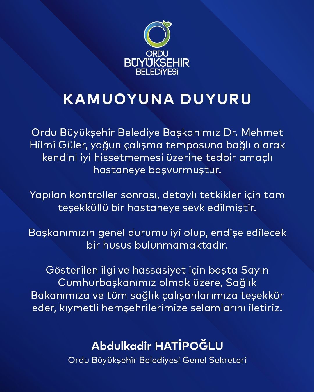 Ordu Büyükşehir Beledriye Başkanı Güler hastaneye kaldırıldı
