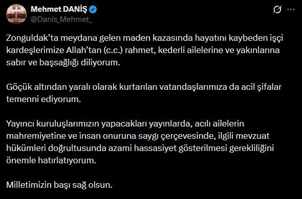 RTÜK Başkanı Daniş’ten Zonguldak’ta meydana gelen maden kazası için yayıncı kuruluşlara uyarı
