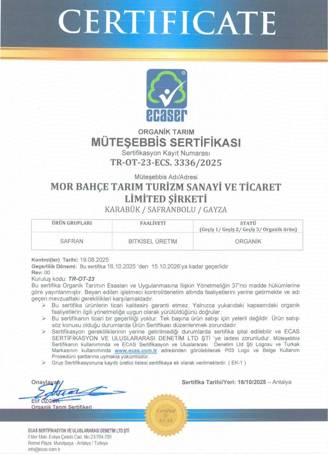 Safranova’ya organik tarım sertifikası
