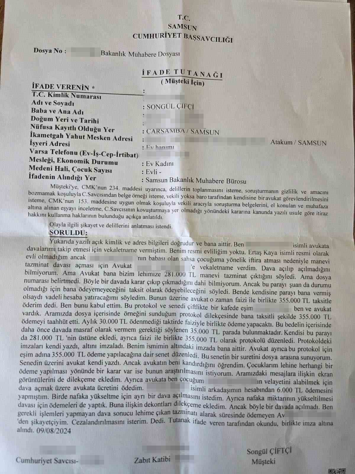 Samsun’da avukatı tarafından "tazminat" vaadiyle dolandırıldığını iddia eden kadın suç duyurusunda bulundu
