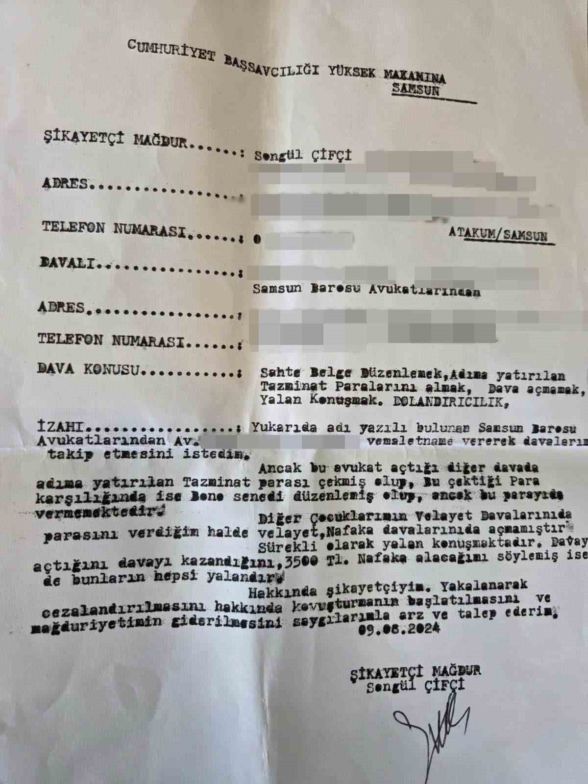 Samsun’da avukatı tarafından "tazminat" vaadiyle dolandırıldığını iddia eden kadın suç duyurusunda bulundu
