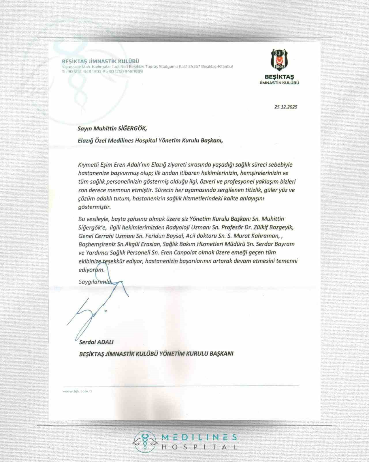 Serdal Adalı’dan Elazığ Medilines Hospital’a teşekkür mesajı
