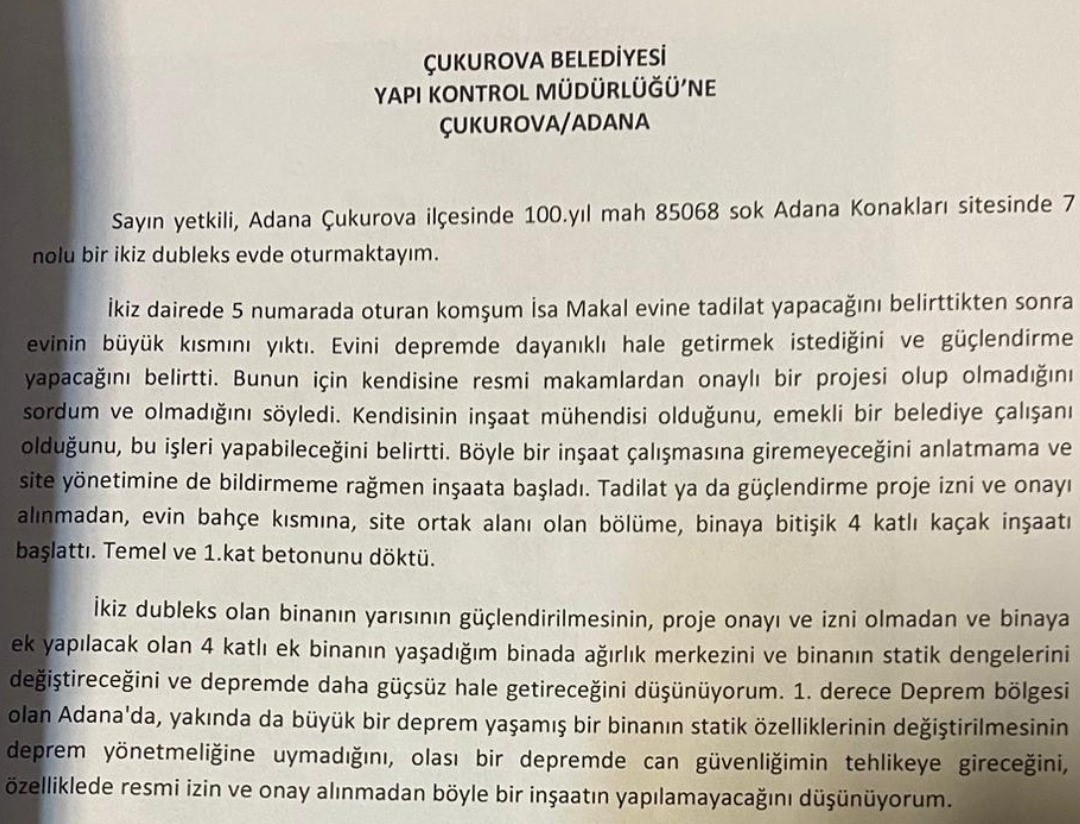 Seyhan Belediye Başkan Yardımcısı hakkında kaçak inşaat ve izinsiz tadilat başlattı iddiası
Seyhan Belediye Başkan Yardımcısı hakkında kaçak inşaat ve izinsiz tadilat başlattı iddiası