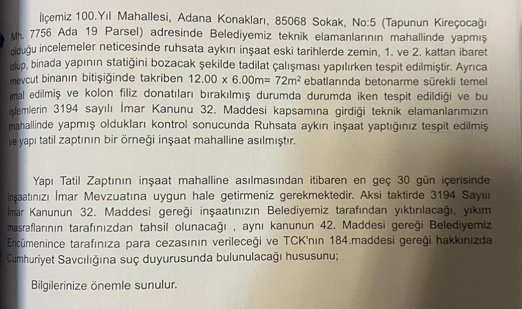 Seyhan Belediye Başkan Yardımcısı hakkında kaçak inşaat ve izinsiz tadilat başlattı iddiası
Seyhan Belediye Başkan Yardımcısı hakkında kaçak inşaat ve izinsiz tadilat başlattı iddiası