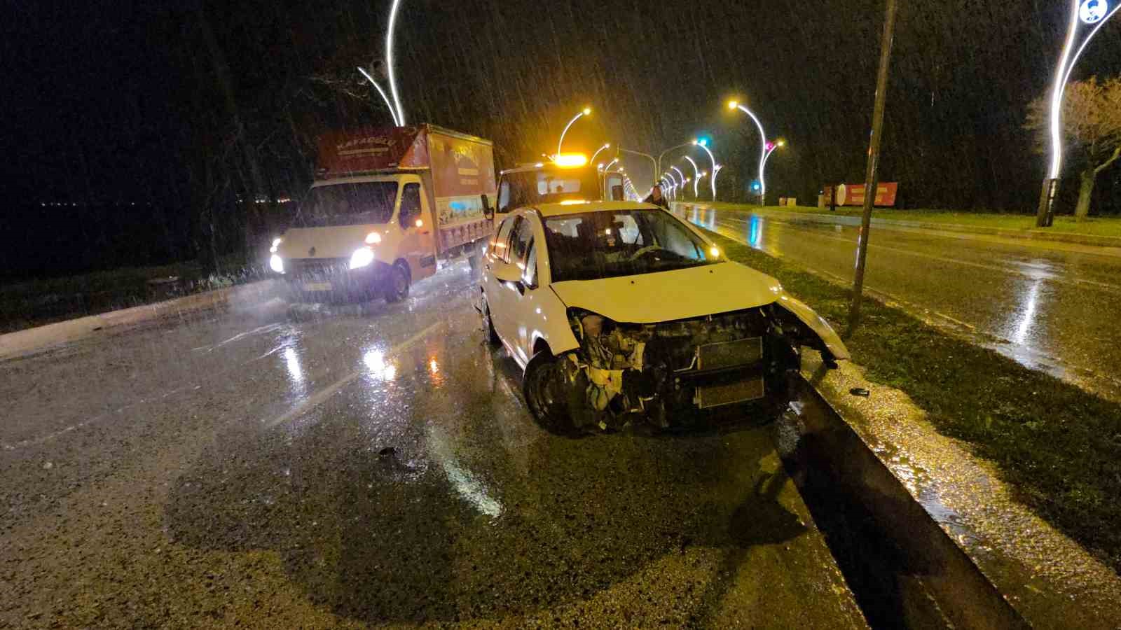 Su birikintisi kazaya sebep oldu: Otomobil önce direğe sonra kaldırıma çarptı
