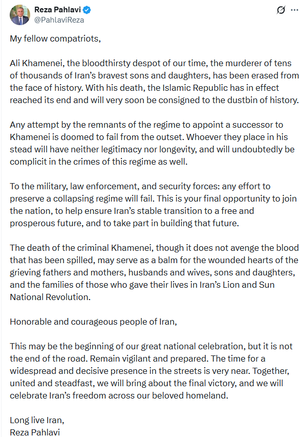 Sürgündeki Rıza Pehlevi: "Hamaney’in ölümüyle, İran rejimi fiilen sona erdi"
Sürgündeki Rıza Pehlevi: "Hamaney’in ölümüyle, İran rejimi fiilen sona erdi"