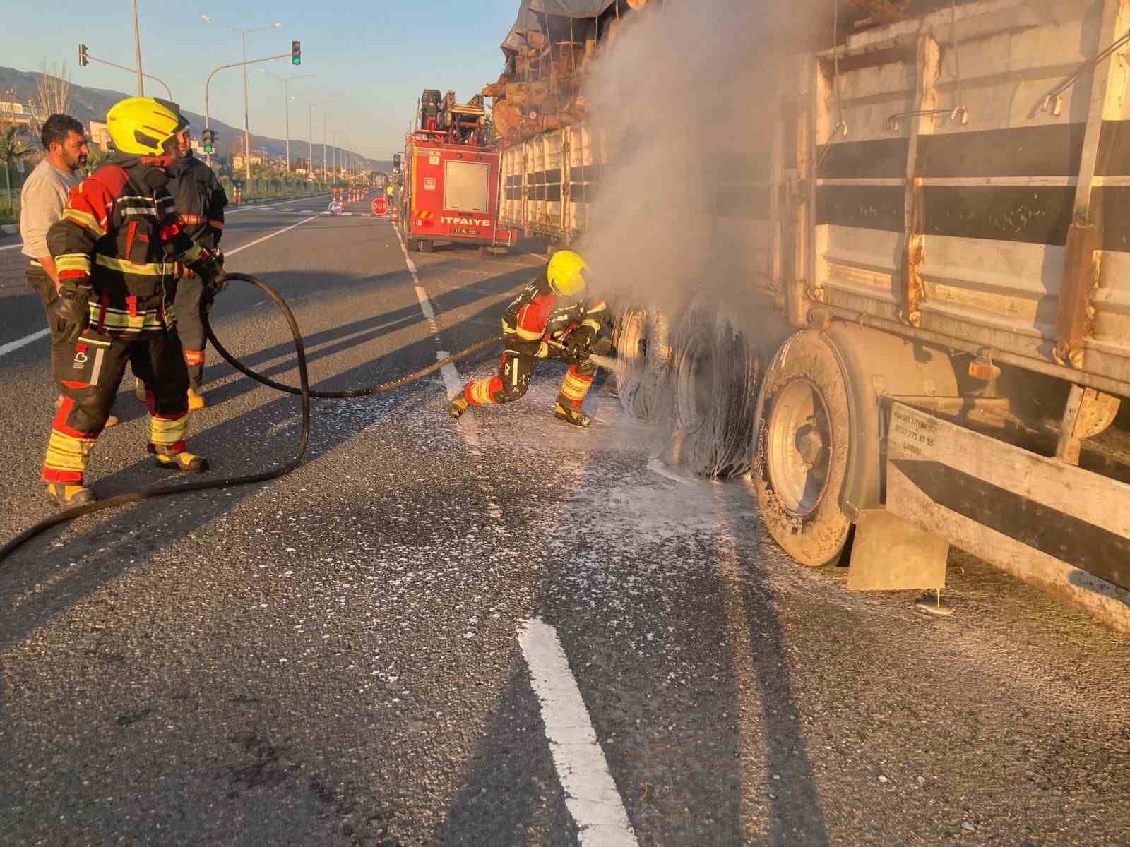Tomruk yüklü TIR dorsesi alevel alev yandı
