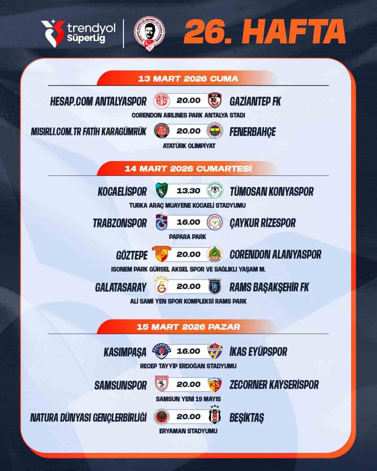 Trendyol Süper Lig’de 26-27. hafta programları açıklandı
Trendyol Süper Lig’de 26-27. hafta programları açıklandı