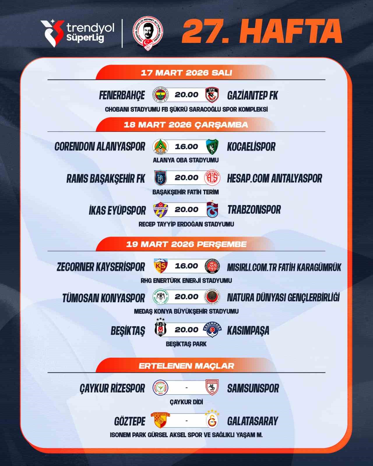 Trendyol Süper Lig’de 26-27. hafta programları açıklandı
Trendyol Süper Lig’de 26-27. hafta programları açıklandı