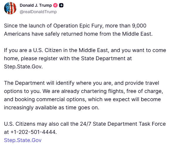 Trump: "9 bini aşkın Amerikalı Orta Doğu’dan tahliye edildi"
Trump: "9 bini aşkın Amerikalı Orta Doğu’dan tahliye edildi"