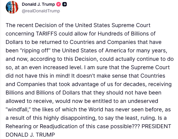 Trump, ABD Yüksek Mahkemesi’ni gümrük vergisi kararını gözden geçirmeye çağırdı
