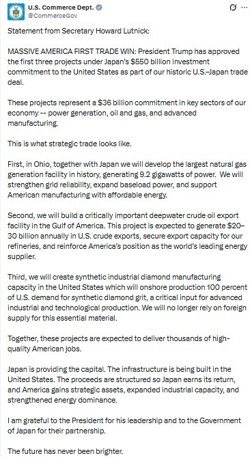 Trump, Japonya’nın 550 milyar dolarlık yatırım taahhüdü kapsamındaki ilk projeleri duyurdu
