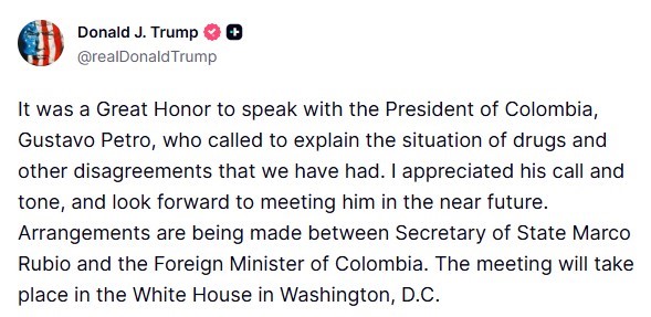 Trump, Kolombiya Devlet Başkanı Petro ile telefonda konuştuğunu duyurdu: "Beni aramasını ve üslubunu takdir ettim"
