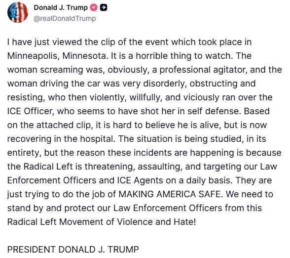 Trump’tan Göçmenlik ve Gümrük Muhafaza Dairesi ajanlarının bir kadını vurarak öldürmesi ile ilgili açıklama
