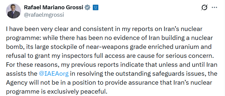 UAEA Başkanı Grossi, İran’ın nükleer bomba ürettiğine dair bir kanıtın bulunmadığını yineledi
