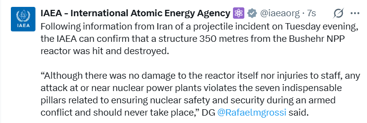 UAEA, İran’daki Buşehr Nükleer Santrali reaktörünün yakınına füze isabet ettiğini doğruladı
