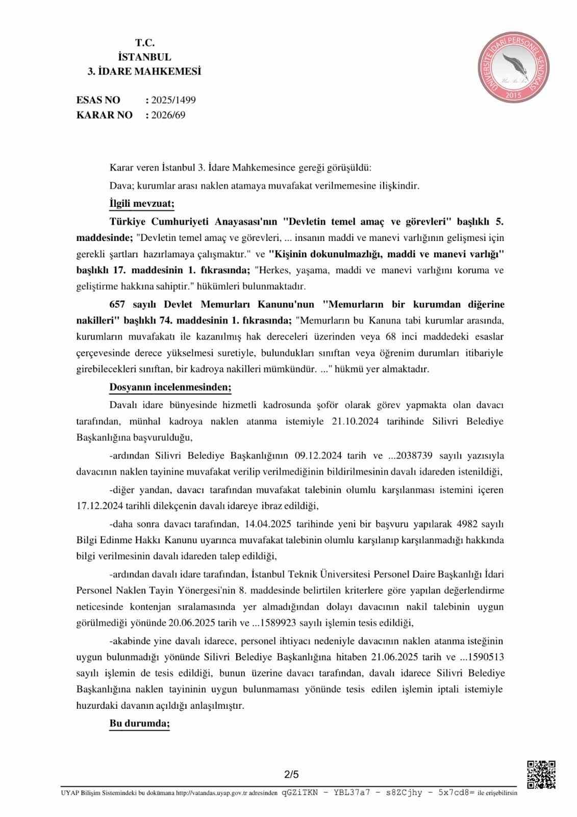 ÜNİPERSEN’den tayin hakkı için emsal niteliğinde yargı kararı
