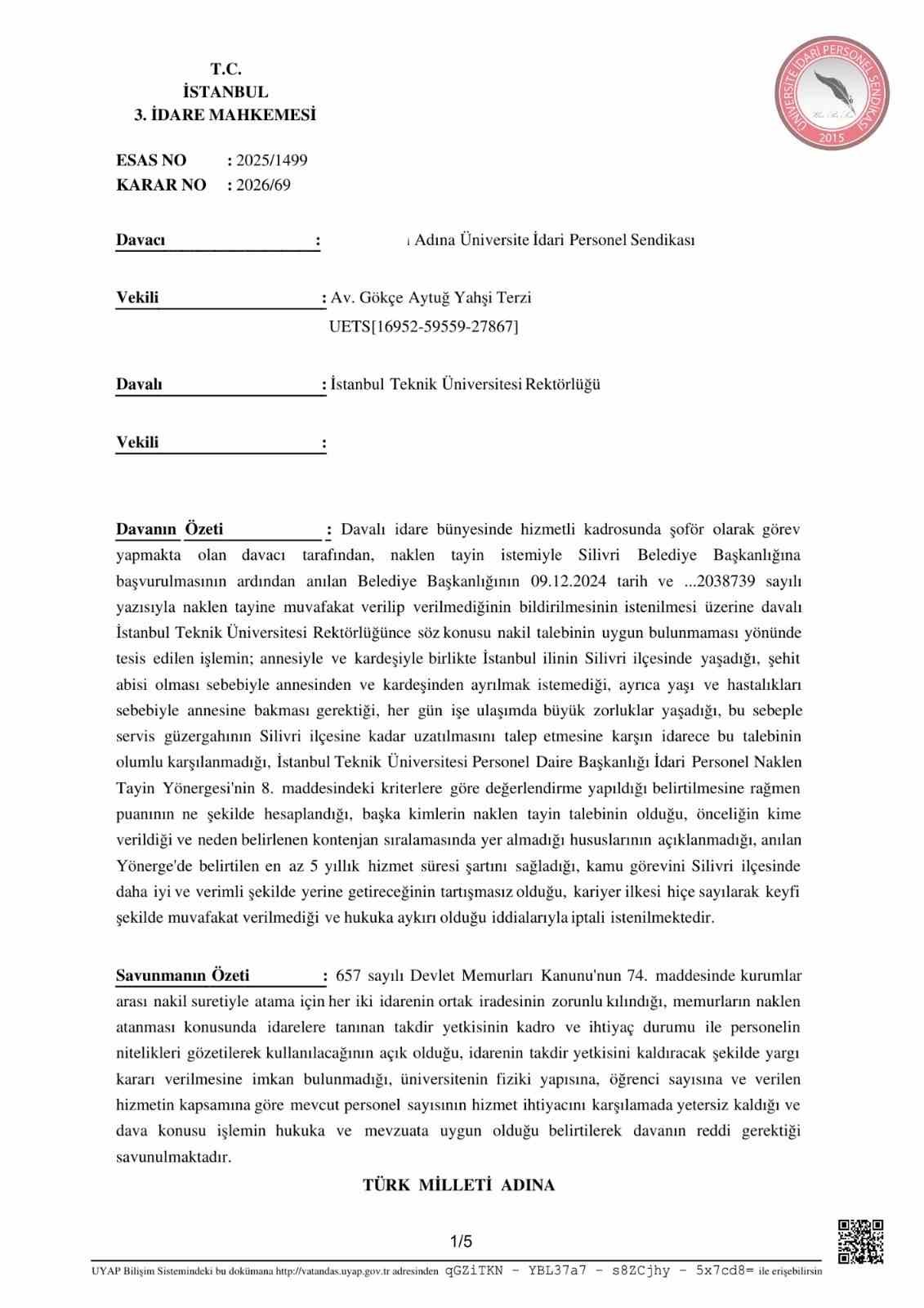 ÜNİPERSEN’den tayin hakkı için emsal niteliğinde yargı kararı
