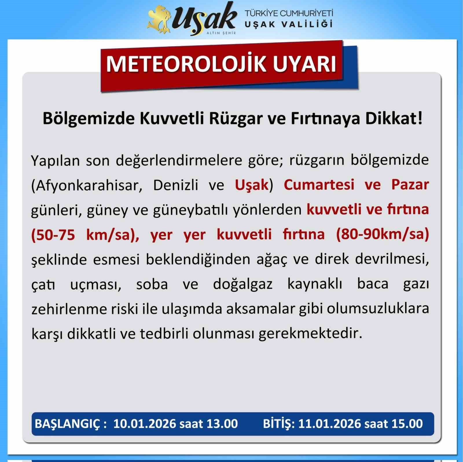 Uşak’ta kuvvetli rüzgar ve fırtına uyarısı
Uşak’ta kuvvetli rüzgar ve fırtına uyarısı