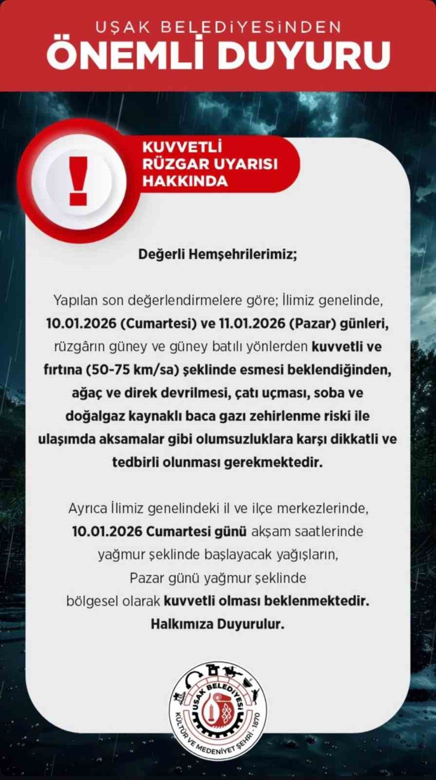 Uşak’ta kuvvetli rüzgar ve fırtına uyarısı
Uşak’ta kuvvetli rüzgar ve fırtına uyarısı