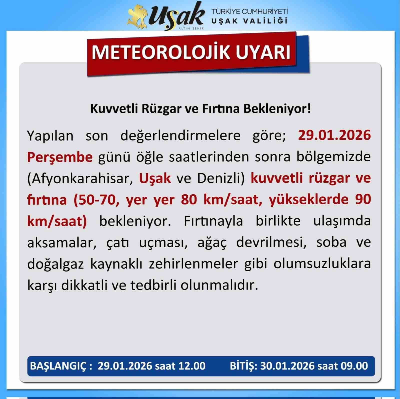 Uşak’ta kuvvetli rüzgar ve fırtına uyarısı
