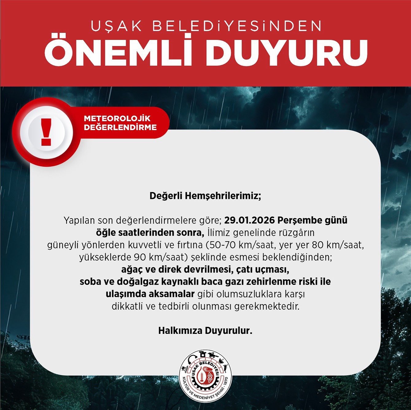 Uşak’ta kuvvetli rüzgar ve fırtına uyarısı
