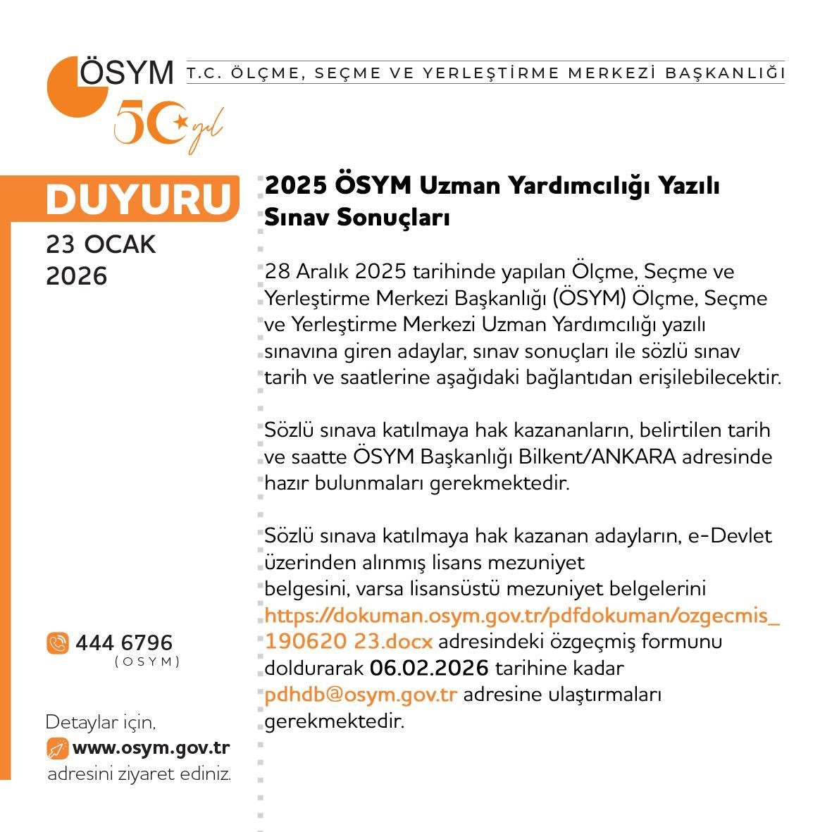 Uzman Yardımcılığı Sınavı sonuçları açıklandı
