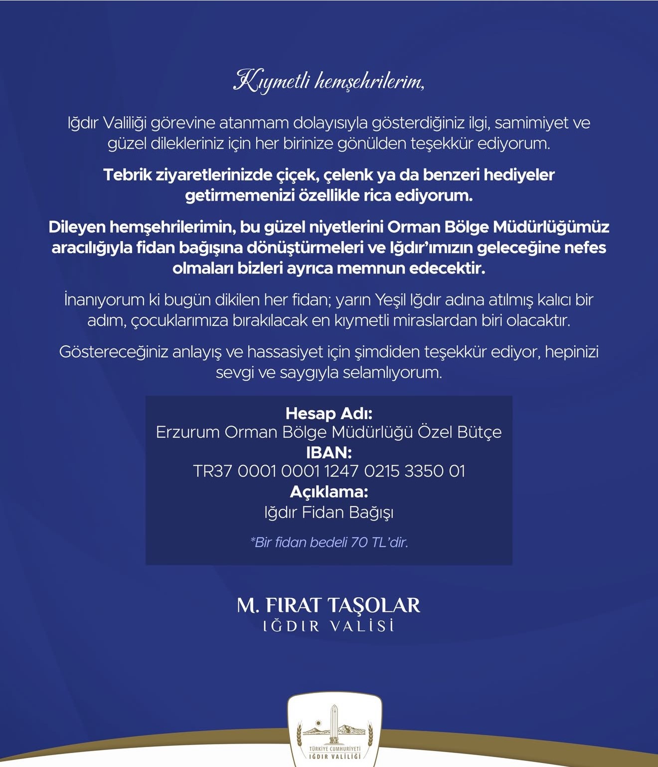 Vali Taşolar’dan tebrikler için anlamlı çağrı: "Çiçek yerine fidan bağışı"
