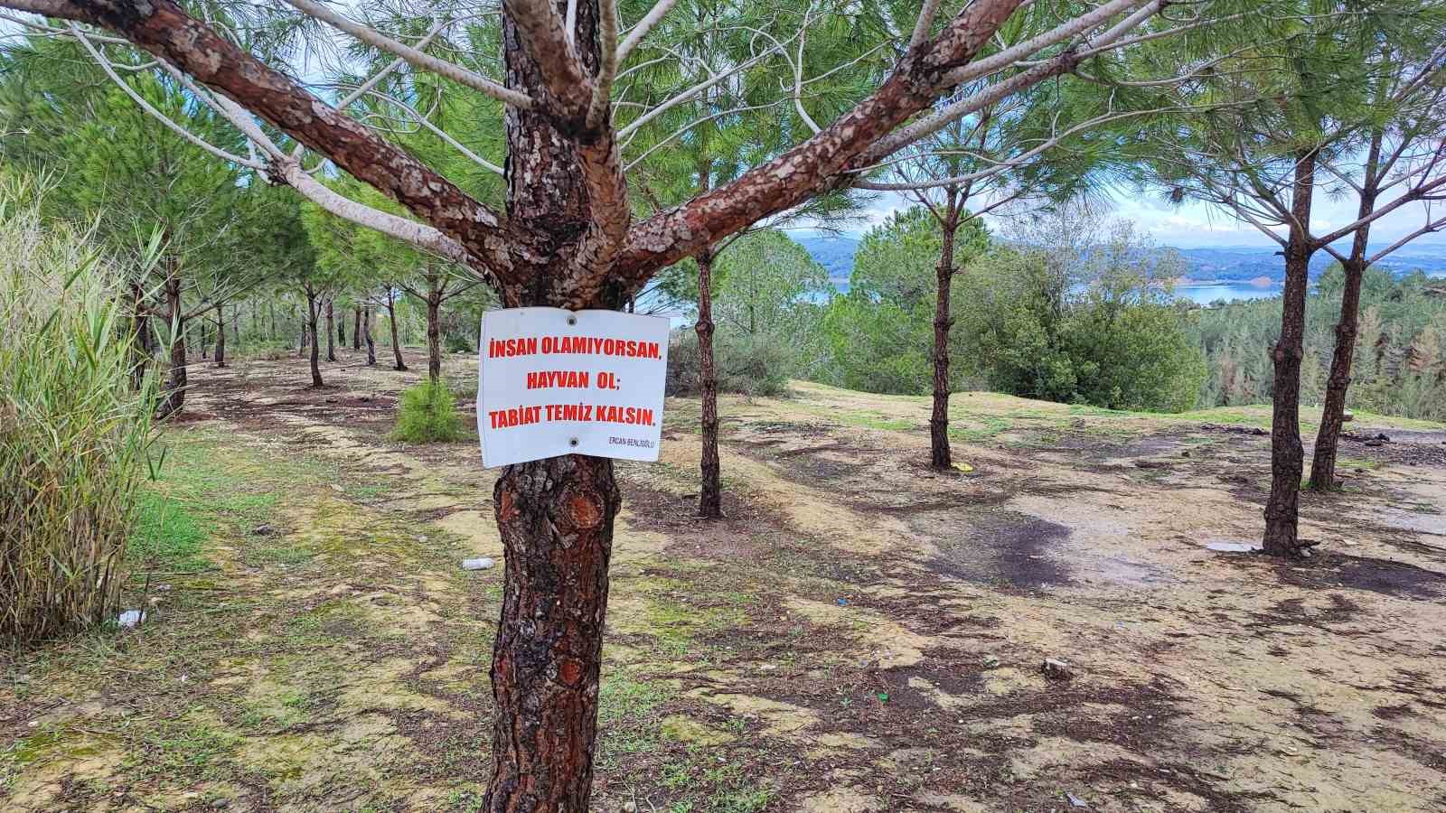 Vatandaşın ağaca astığı "Tabiat temiz kalsın" uyarısı yetmedi
