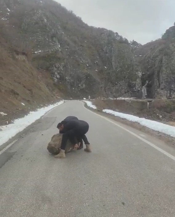 Yola düşen kayayı otomobilleriyle çektiler
