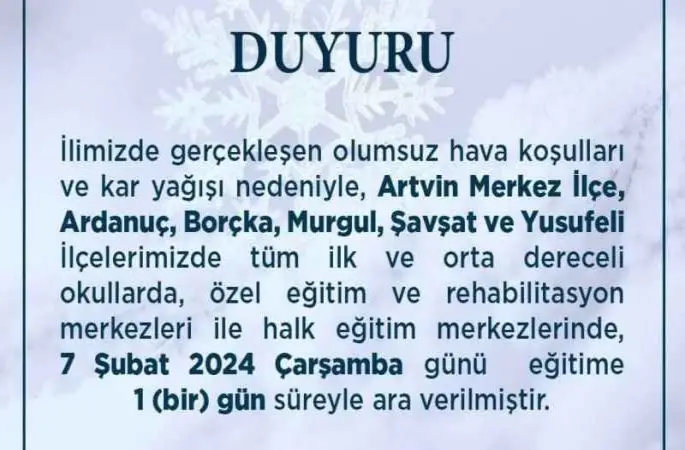 Artvin'de yarın okullar tatil mi 7 Şubat 2024