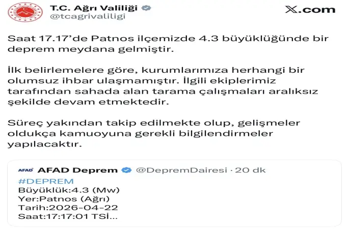 Ağrı’da 4,3 büyüklüğünde deprem
