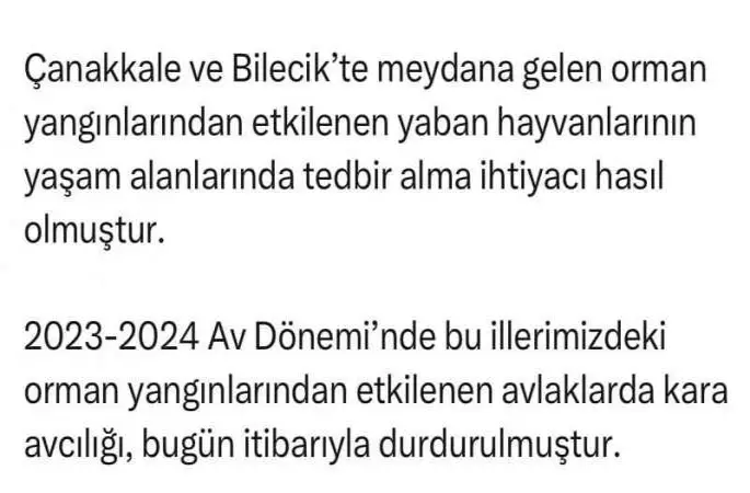 Bakan Yumaklı açıkladı "Orman yangınlarından etkilenen Bilecik'te avlaklarda kara avcılığı durduruldu"