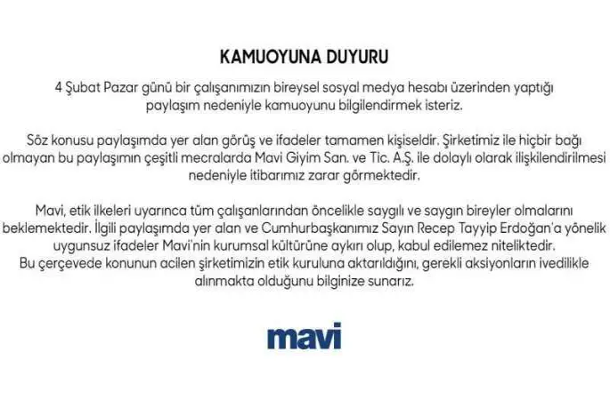 Mavi’den Cumhurbaşkanı Erdoğan’a hakaret eden çalışanıyla ilgili açıklama