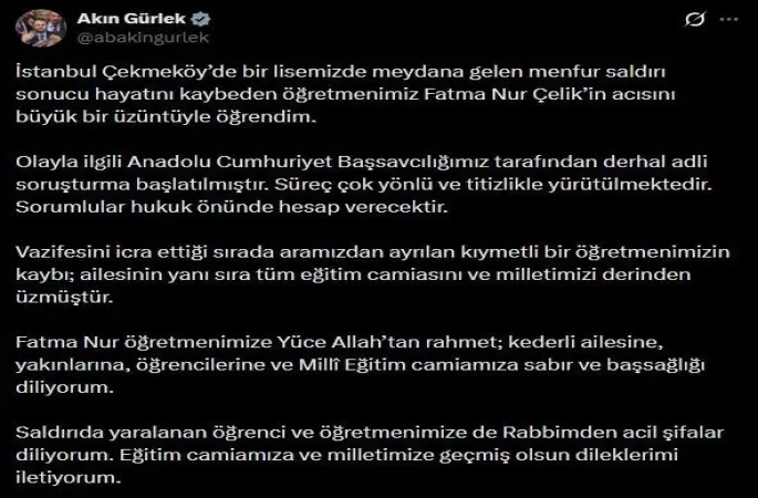 Bakan Gürlek: "(Öğretmen Fatma Nur Çelik) Olayla ilgili derhal adli soruşturma başlatılmıştır"
