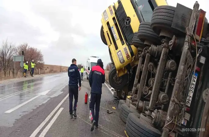 Balık yemi yüklü tır devrildi
