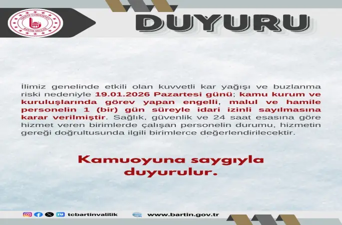 Bartın’da kamu çalışanlarına kar tatili

