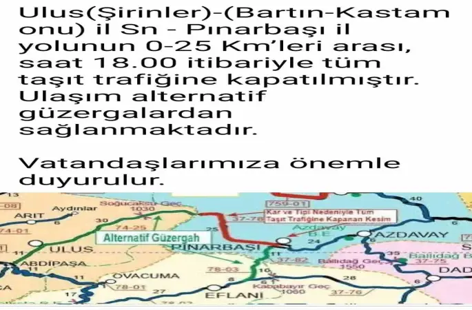 Bartın’da kara yolu kar nedeniyle ulaşıma kapandı
