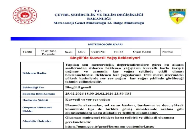 Bingöl için ‘Kuvvetli Yağış’ uyarısı
