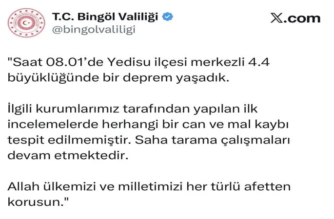 Bingöl Valiliği: "Saha tarama çalışmaları devam etmektedir"
