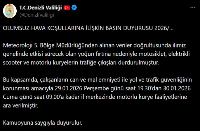 Denizli Valiliği fırtına nedeniyle motorlu kurye faaliyetlerini durdurdu
